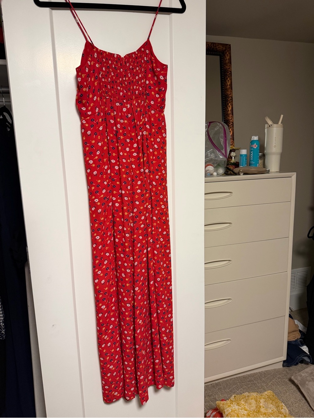Madewell Red Floral Smocked wide leg Maxi Jumpsuit